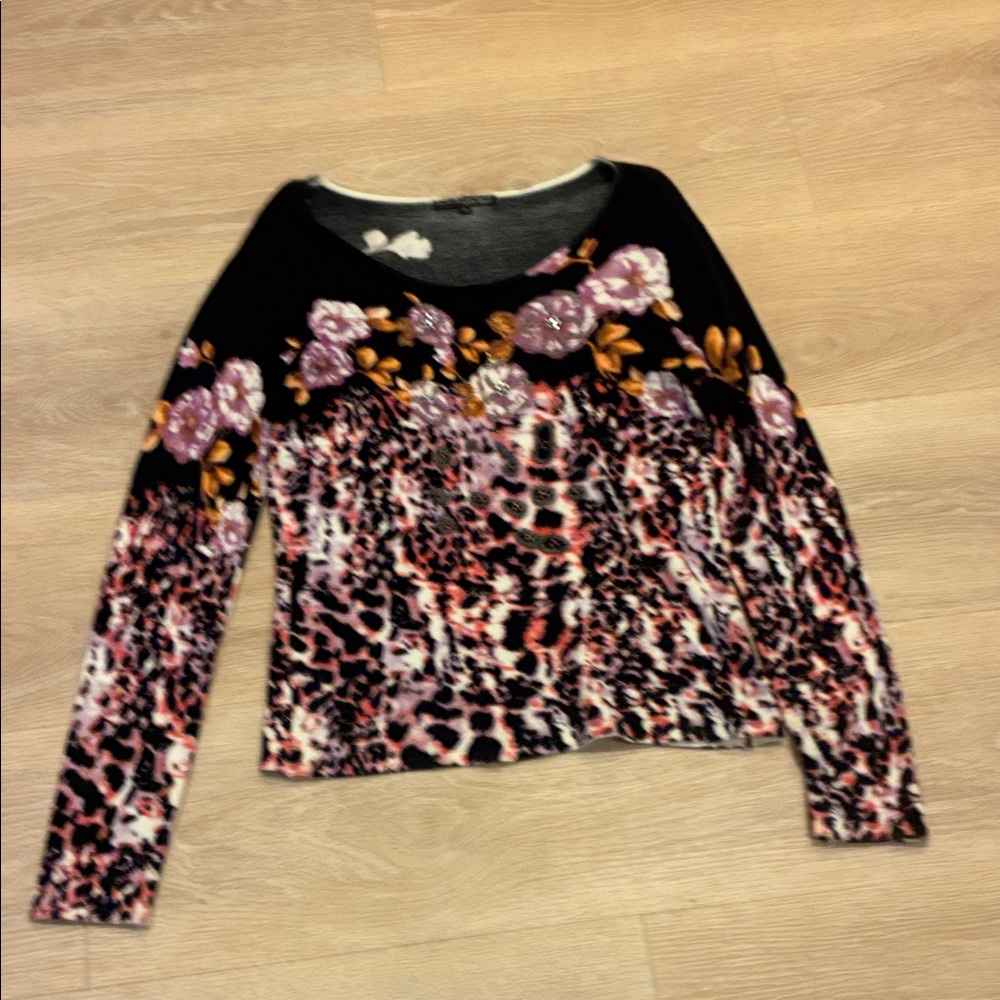 Pierri New York Black and Purple Floral Leopard Round Neck Top Sz. S Mob Wife